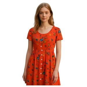 BILA Large Coral Floral Vintage Midi Dress Ribbed Button Down Skirt Pockets